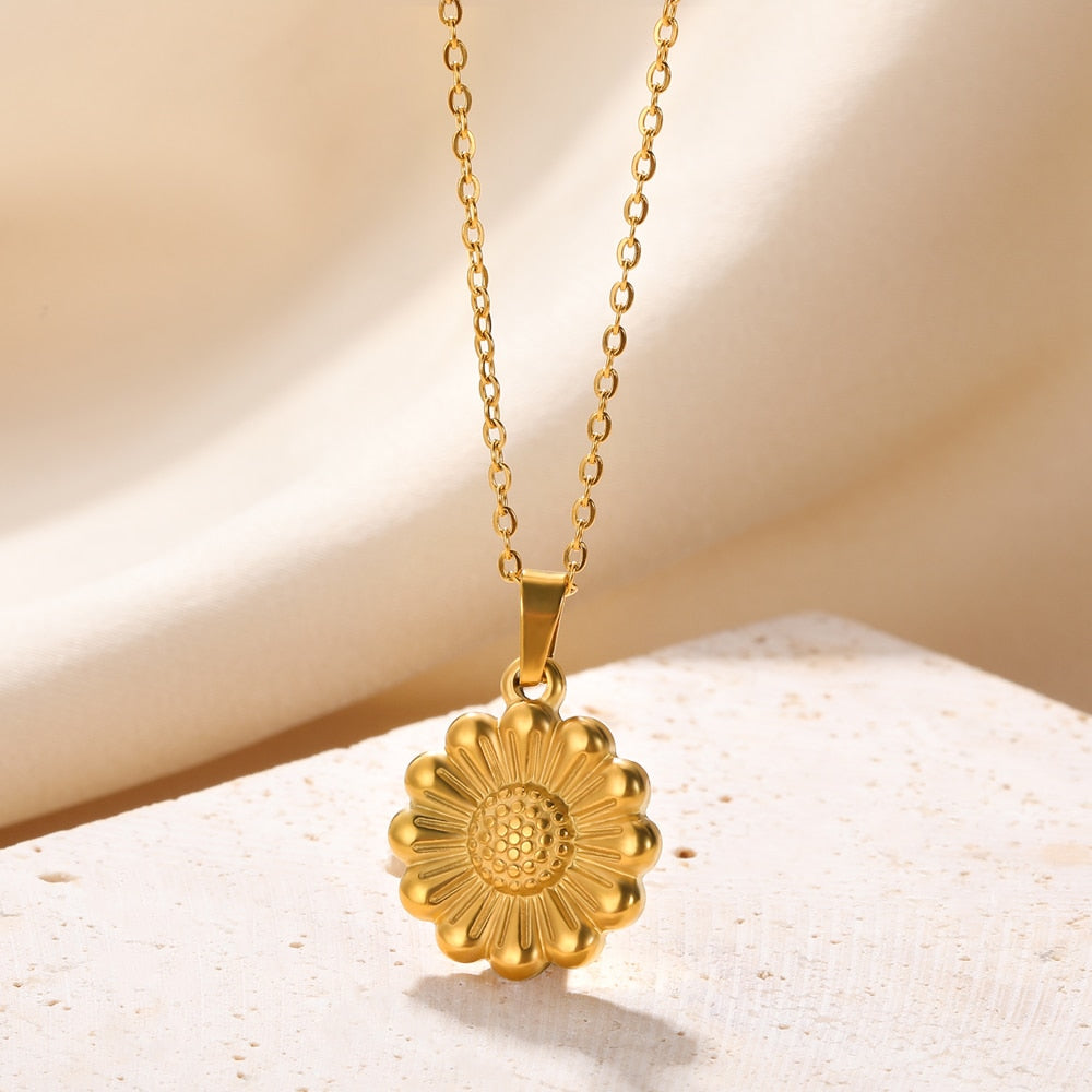 Stainless Steel Pendant Necklace For Women 18K Gold Color Chain Jewelry Fashion Cute Sun Round Necklaces Gift New Free Shipping