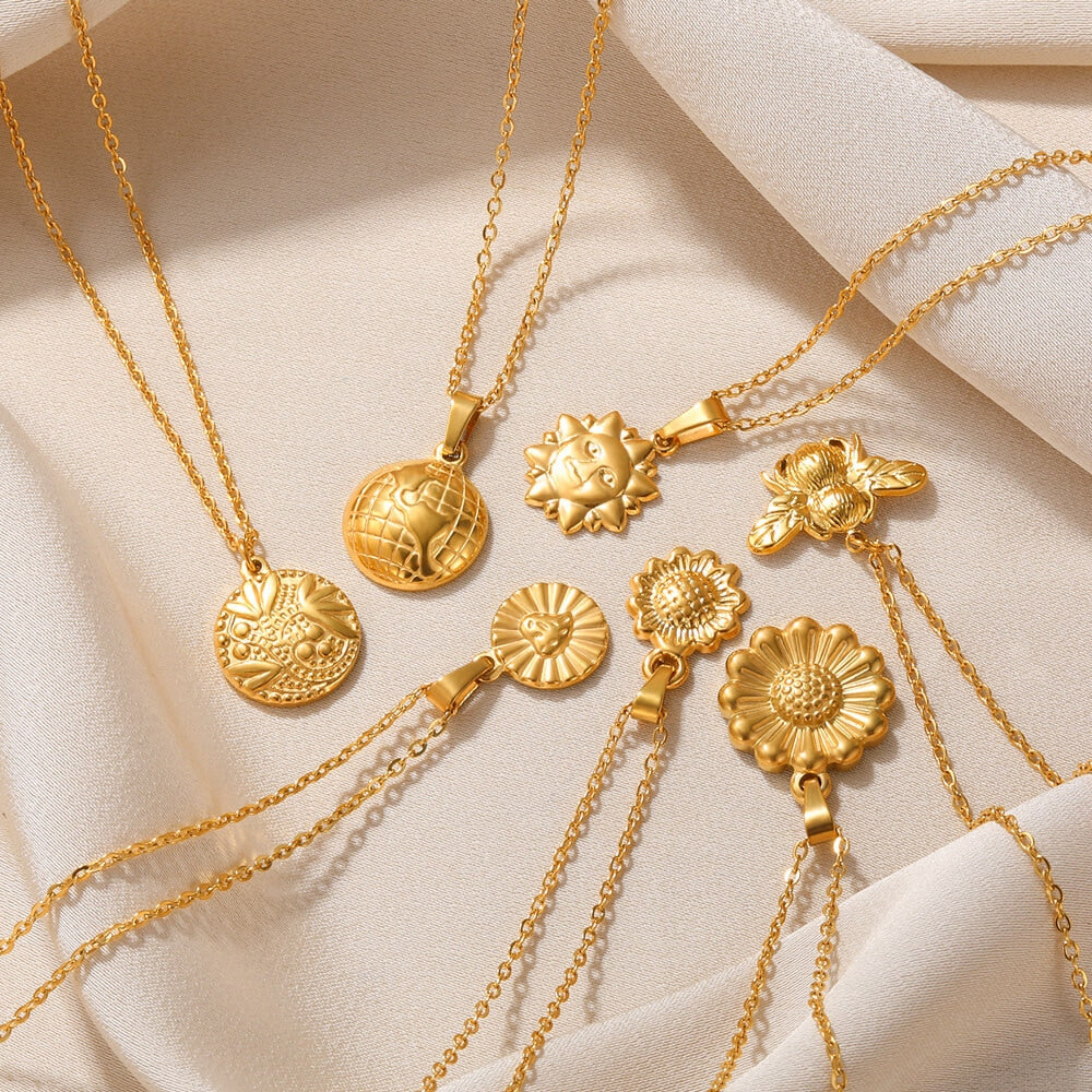 Stainless Steel Pendant Necklace For Women 18K Gold Color Chain Jewelry Fashion Cute Sun Round Necklaces Gift New Free Shipping