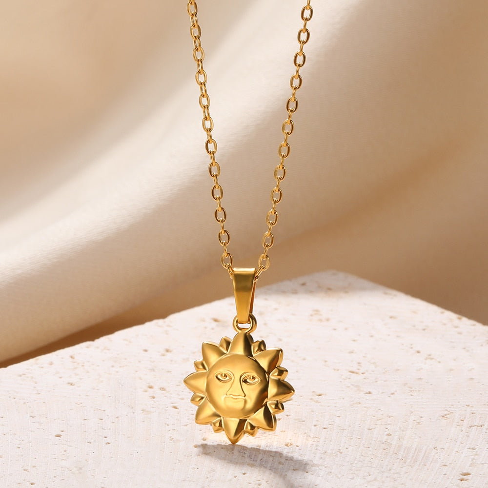 Stainless Steel Pendant Necklace For Women 18K Gold Color Chain Jewelry Fashion Cute Sun Round Necklaces Gift New Free Shipping
