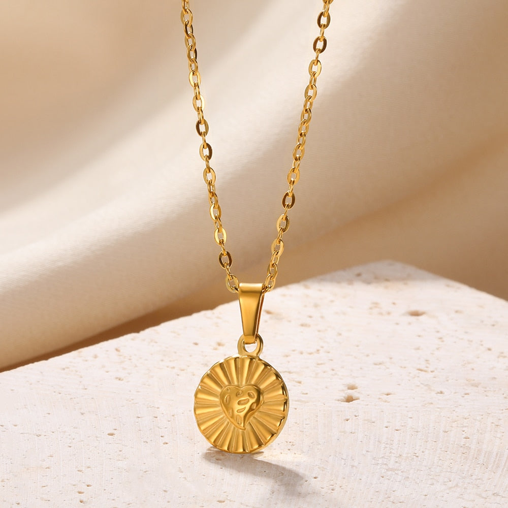 Stainless Steel Pendant Necklace For Women 18K Gold Color Chain Jewelry Fashion Cute Sun Round Necklaces Gift New Free Shipping