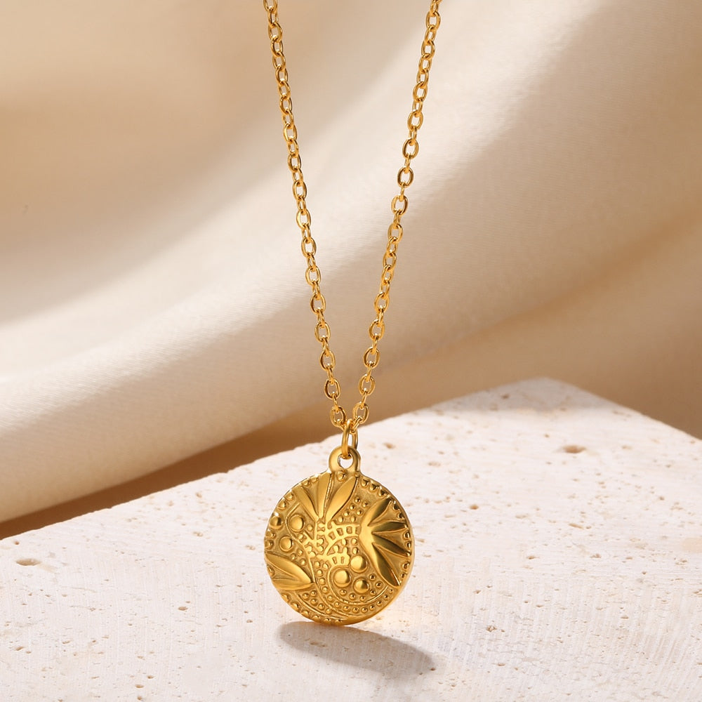 Stainless Steel Pendant Necklace For Women 18K Gold Color Chain Jewelry Fashion Cute Sun Round Necklaces Gift New Free Shipping