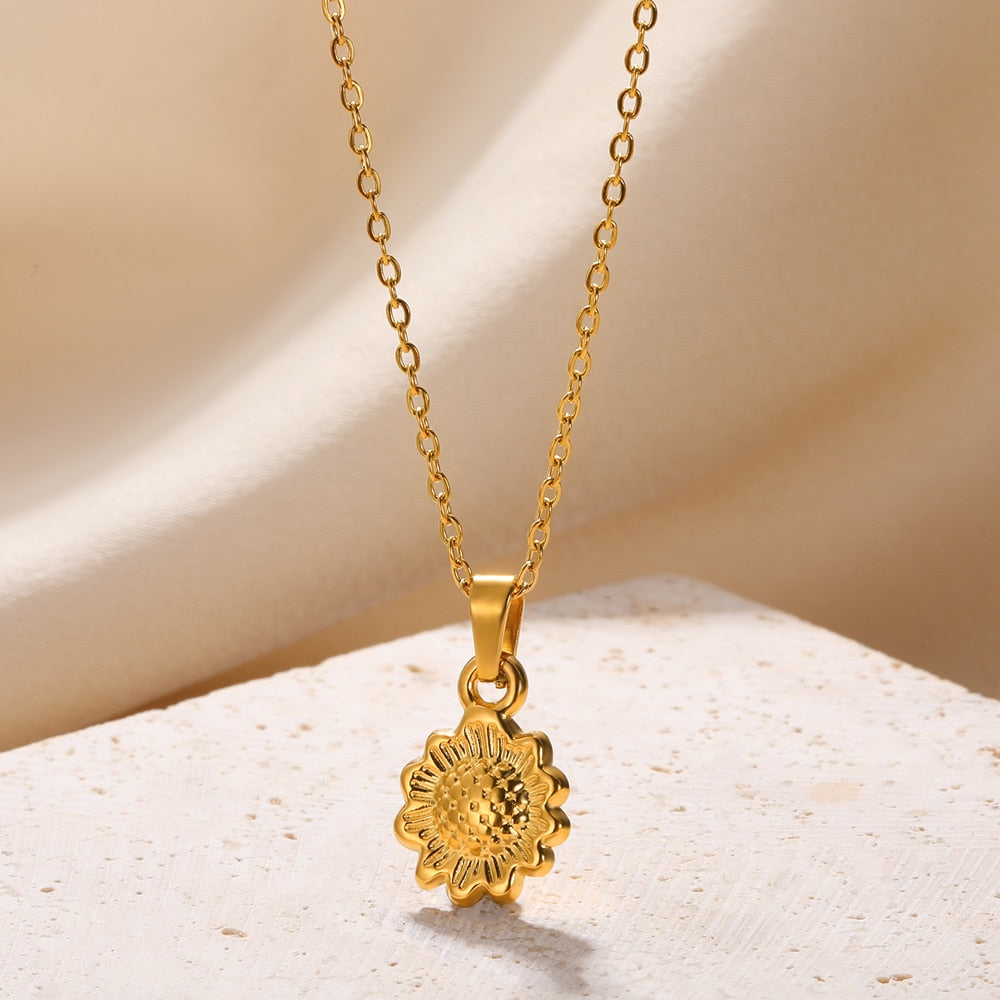 Stainless Steel Pendant Necklace For Women 18K Gold Color Chain Jewelry Fashion Cute Sun Round Necklaces Gift New Free Shipping