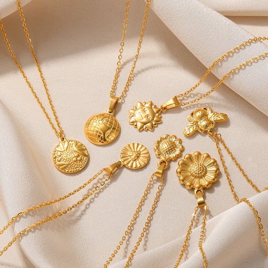 Stainless Steel Pendant Necklace For Women 18K Gold Color Chain Jewelry Fashion Cute Sun Round Necklaces Gift New Free Shipping